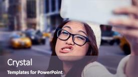  Presentation with faces - Amazing PPT theme having asian woman making faces and taking selfie against blurry new york street backdrop and a gray colored foreground