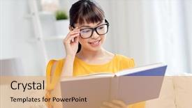  Presentation with asian literature - Audience pleasing slide deck consisting of girl in glasses reading book backdrop and a yellow colored foreground