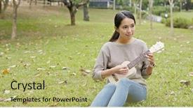  Presentation with ukulele - Colorful PPT layouts enhanced with asian woman play on ukulele backdrop and a mint green colored foreground