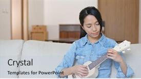  Presentation with ukulele - Slide set enhanced with asian woman play with ukulele background and a light blue colored foreground