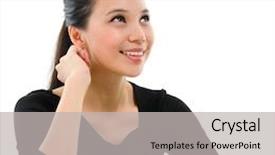  Presentation with space race - Theme consisting of asian woman portrait young gorgeous female looking up at blank space beautiful mixed race caucasian southeast asian woman model background and a light gray colored foreground