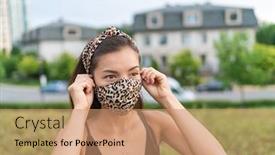  Presentation with corona - Cool new PPT layouts with asian-woman-putting-on-covid backdrop and a coral colored foreground