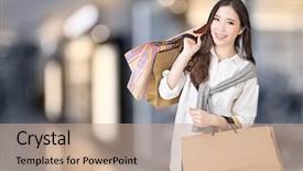  Presentation with woman pushing shopping trolley - Presentation having asian woman shopping closeup portrait background and a coral colored foreground