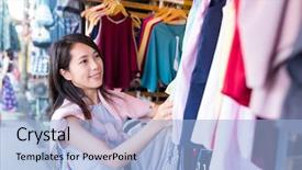  Presentation with marketing - Amazing presentation theme having asian woman shopping in street backdrop and a light blue colored foreground