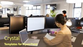  Presentation with woman office desk - Slide deck featuring asian-woman-sitting-at-desk background and a tawny brown colored foreground