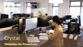  Presentation with woman office desk - PPT layouts enhanced with asian-woman-sitting-at-desk background and a tawny brown colored foreground