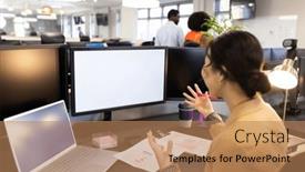  Presentation with woman office desk - Presentation design with asian-woman-sitting-at-desk background and a coral colored foreground
