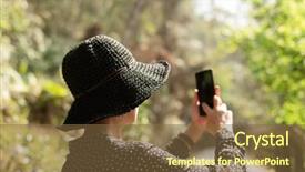  Presentation with take - Presentation theme featuring asian woman take a picture background and a tawny brown colored foreground