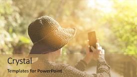  Presentation with take - Colorful presentation design enhanced with asian woman take a picture backdrop and a yellow colored foreground