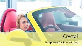  Presentation with sports car - Presentation theme featuring asian-woman-testing-new-sports background and a blonde colored foreground