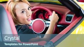  Presentation with sports car - Cool new presentation theme with asian-woman-testing-new-sports backdrop and a ocean colored foreground