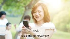  Presentation with flare - Beautiful PPT layouts featuring asian woman texting using mobile phone at outdoor park morning sun flare background backdrop and a soft green colored foreground