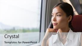  Presentation with contemplating - Presentation theme featuring asian woman traveler contemplating outdoor background and a light gray colored foreground