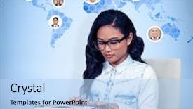  Presentation with asian map - Amazing PPT theme having asian woman typewriting against background with world map backdrop and a light blue colored foreground