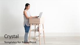 Presentation with stand - Slide set with asian woman typing on laptop at stand-up workplace background and a soft green colored foreground