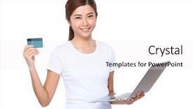  Presentation with credit card - Beautiful slide deck featuring asian woman use credit card backdrop and a sky blue colored foreground
