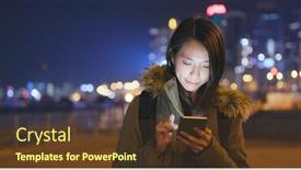  Presentation with mobile use - Amazing PPT theme having asian woman use of mobile phone in city at night backdrop and a tawny brown colored foreground