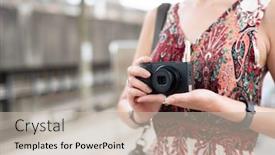  Presentation with camera - Presentation theme enhanced with asian-woman-using-digital-camera background and a mint green colored foreground