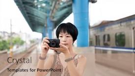  Presentation with digital - Colorful PPT theme enhanced with asian-woman-using-digital-camera backdrop and a coral colored foreground