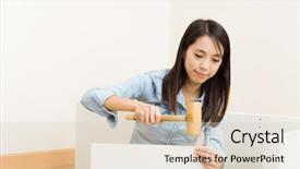  Presentation with closet - PPT theme having asian woman using hammer for closet assembling background and a lemonade colored foreground