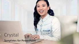  Presentation with bright white - Cool new slides with asian woman using laptop against bright white hall with windows backdrop and a mint green colored foreground