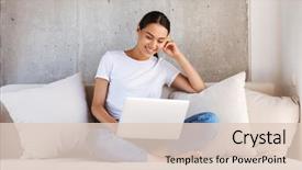  Presentation with sitting posture and computer ergonomics - Audience pleasing slide set consisting of asian woman using laptop computer backdrop and a lemonade colored foreground