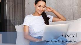  Presentation with sitting posture and computer ergonomics - Audience pleasing slide deck consisting of asian woman using laptop computer backdrop and a light blue colored foreground