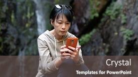  Presentation with waterfall woman - Presentation theme with asian woman using mobile phone near the waterfall at outdoor background and a gray colored foreground