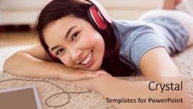  Presentation with living room - Beautiful PPT theme featuring asian woman using tablet on floor at home in the living room backdrop and a coral colored foreground