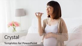  Presentation with motherhood - PPT theme consisting of asian woman using voice command background and a mint green colored foreground