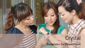  Presentation with wearable - Beautiful presentation theme featuring asian woman using wearable watch backdrop and a soft green colored foreground