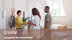  Presentation with welcome - Cool new slides with asian woman welcomes black couple backdrop and a coral colored foreground