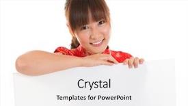  Presentation with new year card - Cool new PPT layouts with asian woman with chinese traditional dress cheongsam or qipao holding blank white paper card chinese new year concept female model isolated on white background backdrop and a white colored foreground