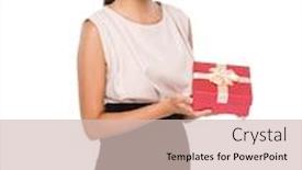  Presentation with gift - Colorful theme enhanced with asian woman with gift box backdrop and a soft green colored foreground