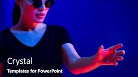  Presentation with virtual hand - PPT theme having asian-woman-with-glasses-making background and a navy blue colored foreground