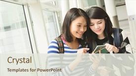  Presentation with asian - Colorful presentation theme enhanced with asian woman with her friend backdrop and a sky blue colored foreground