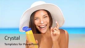  Presentation with plastic container - Slide set featuring sunscreen woman applying suntan lotion background and a coral colored foreground