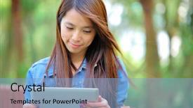  Presentation with pets on computer - Slide deck having asian woman with tablet computer background and a light blue colored foreground