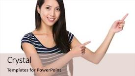  Presentation with finger point - Cool new theme with asian woman with two finger point up backdrop and a soft green colored foreground