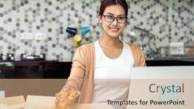  Presentation with food city - Slide set featuring asian-woman-work-from-home background and a coral colored foreground