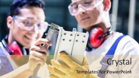  Presentation with meet the work team - Amazing slide deck having asian worker team checking work backdrop and a yellow colored foreground