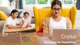  Presentation with living room family - Slide set with asian-working-mom-work background and a coral colored foreground