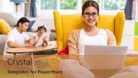  Presentation with living room family - PPT theme enhanced with asian-working-mom-work background and a gold colored foreground
