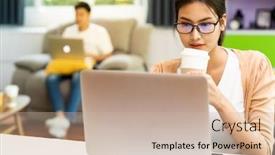  Presentation with lockdown - Colorful presentation enhanced with asian-working-woman-use-computer backdrop and a soft green colored foreground