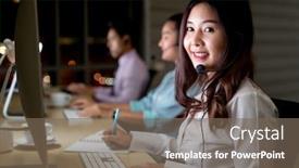  Presentation with customer service - Presentation design having asian-young-adult-confidence-operator background and a violet colored foreground