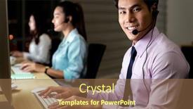  Presentation with customer service - Cool new presentation design with asian-young-adult-confidence-operator backdrop and a tawny brown colored foreground