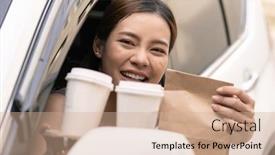  Presentation with food service - Audience pleasing presentation theme consisting of asian-young-adult-in-car backdrop and a coral colored foreground