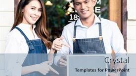  Presentation with coffee shop - Colorful slide set enhanced with asian-young-adult-owners backdrop and a light blue colored foreground