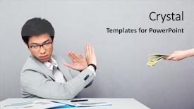  Presentation with stop - Presentation design enhanced with asian young businessman gesturing stop background and a light gray colored foreground