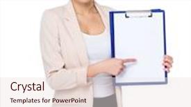  Presentation with finger point - Colorful slide deck enhanced with asian young businesswoman finger point to clipboard with white paper backdrop and a sky blue colored foreground
